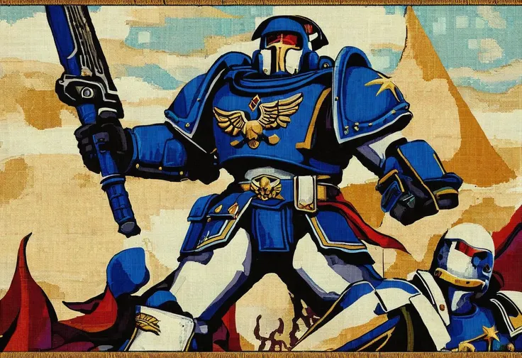 space marine, warhammer in ths_tapestry  style   <lora:ths_tapestry XL:1>