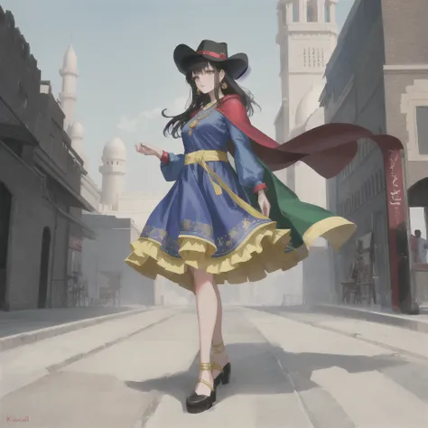 Masterpiece, 4K, beautiful, 
1girl, moslim girl, a beautiful persian Muscular girl, a red cape, a blue dress, a yellow hat, a red cape, full body, jewelry, long hair, long sleeves, looking at viewer, makeup, necklace, solo, black veil, arab beauty, standing up, 
portrait of haute couture beautiful pakistani fashion model, ethereal dreamy foggy, photoshoot by Alessio Albi , editorial Fashion Magazine photoshoot, fashion poses, in front of brutalist building architecture. Kinfolk Magazine. green, badshahi masjid, western clothes

Model hash: 1d1e459f9f,