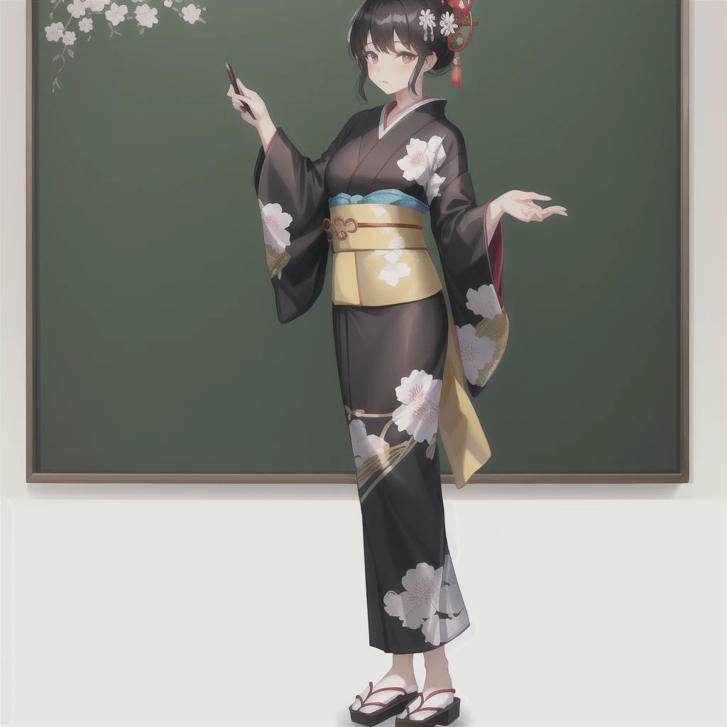 Masterpiece, 4K, beautiful, kimono, black, white flower pattern, black kimono belt with superb golden embroidery, woman wearing the kimono, geisha hair,
standing up , full body, hold a chalkboard, a girl hold a chalkboard
Kyoto background, bimbo, glossy, detailed background, <lora:kimono_v10:0.65>,
Model hash: 1d1e459f9f,