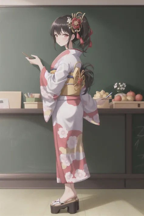 Masterpiece, 4K, beautiful, kimono, black, white flower pattern, black kimono belt with superb golden embroidery, woman wearing the kimono, geisha hair, full body,
standing up, a full chalkboard, stand at one side of the chalkboard, a girl point at the chalkboard,
classroom, Kyoto background, bimbo, glossy, detailed background, <lora:kimono_v10:0.65>,
Model hash: 1d1e459f9f,