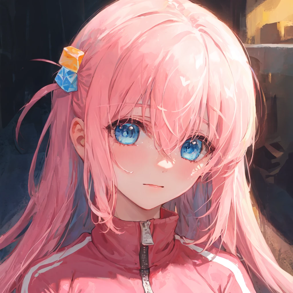 mksks style, masterpiece, best quality, ultra-detailed, illustration, face focus, 1girl, portrait
<lora:hitoriGotohBocchiThe_v1:1> hair ornament, cube hair ornament, blue eyes, (pink long hair), bangs, hair between eyes, ( pink track jacket)
