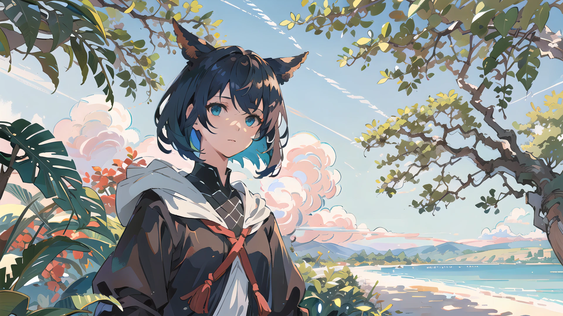 <lora:miqote:0.5> <lora:FlatColor_flatColor:0.3> <lora:2335LoraLightStyle_10:0.85> <lora:Colorwater_v4:0.3> <lora:standingFullBodyWithBackgroundStyle_v10Offset:0.3><lora:fixhand2lora_v10:0.1>
masterpiece, best quality, ultra detailed, soft light, detailed eyes, (mid shot:1.0), (illustration:1.0), detailed eyes, (miqote:1.1), (1girl, solo:1.1), short hair, (upperbody:1.0), looking at viewer, branch, dappled sunlight, beach, trees, lake, sky, cloud,
