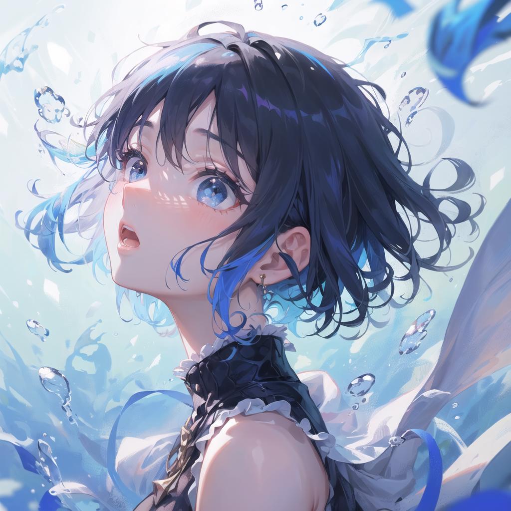 Anime girl with blue hair and black dress in water - SeaArt AI