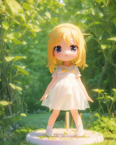 best quality,masterpiece,(photorealistic:1.4),1girl,
white t-shirt,yellow dress,see-through,
,forest road,
(small breasts),
cute,full body, chibi,3d rendering,3d art,
<lora:blindbox_v1_mix:1>