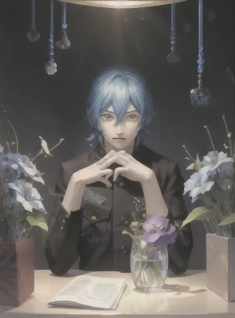 best quality, masterpiece, solo, <lora:kazuma_kaneko-10:0.8>, 1boy, androgenous, looking at viewer, glowing eyes, portrait, hair between eyes, yellow eyes, blue hair, long hair, black gakuran, floral design on gakuran, portrait, upper body