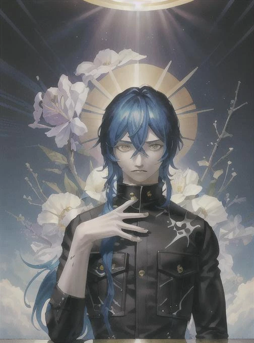 best quality, masterpiece, solo, <lora:kazuma_kaneko-10:0.8>, 1boy, androgenous, looking at viewer, glowing eyes, portrait, hair between eyes, yellow eyes, blue hair, long hair, black gakuran, floral design on gakuran, portrait, upper body