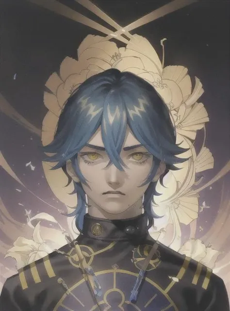 best quality, masterpiece, solo, <lora:kazuma_kaneko-10:0.8>, 1boy, androgenous, looking at viewer, glowing eyes, portrait, hair between eyes, yellow eyes, blue hair, long hair, black gakuran, floral design on gakuran, portrait, upper body