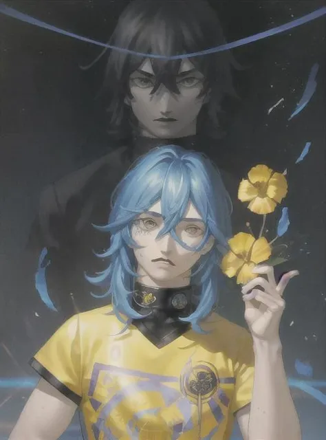 best quality, masterpiece, solo, <lora:kazuma_kaneko-10:0.8>, 1boy, androgenous, looking at viewer, glowing eyes, portrait, hair between eyes, yellow eyes, blue hair, long hair, black gakuran, floral design on gakuran, portrait, upper body