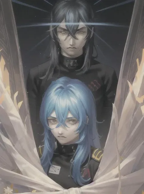 best quality, masterpiece, solo, <lora:kazuma_kaneko-10:0.8>, 1boy, androgenous, looking at viewer, glowing eyes, portrait, hair between eyes, yellow eyes, blue hair, long hair, black gakuran, floral design on gakuran, portrait, upper body