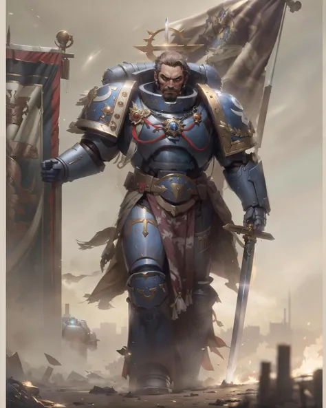 (((best quality, masterpiece, realistic, detailed, absurdres, best quality))), dramatic, 8k, (warhammer 40k), science fiction,
1boy, manly, 40 year old, (aged up:1.4), noble lord, general, military man, brown hair, short hair, looking at viewer, detailed eyes, detailed iris, detailed pupils, (looking to the side), mature male, masculine, chiseled, square jaw, male focus, muscular, muscular male,
(((captain armor))), power armor, (victrix), pauldrons, cuirass, gauntlets, greaves, (pelvic curtain), (iron halo), panoply,
((holding sword, glowing weapon, glowing sword)), broad shoulders, tall stature,
futuristic sci-fi background, banner in the background
realistic metal reflections, cinematic lighting, volumetric fog, ambient lighting
<lora:ULTRAMARINES MK1 by CCARAXESS:0.8>