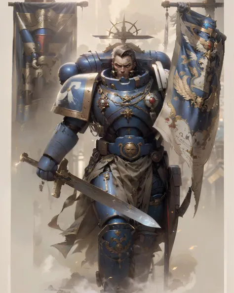 (((best quality, masterpiece, realistic, detailed, absurdres, best quality))), dramatic, 8k, (warhammer 40k), science fiction,
1boy, cato sicarius, detailed face, (((detailed eyes, pupils))), noble lord, general, military man, brown hair, short hair, looking at viewer, skin pores, serious,
(((captain armor))), power armor, ((victrix)), pauldrons, cuirass, gauntlets, greaves, (pelvic curtain), (iron halo), panoply, banner,
((holding sword, glowing weapon, glowing sword)), broad shoulders, tall stature, (perfect hands),
futuristic sci-fi background, military parade, banner in the background
realistic metal reflections, cinematic lighting, volumetric fog, ambient lighting
<lora:ULTRAMARINES MK1 by CCARAXESS:0.8> <lora:GoodHands-beta2:0.75>