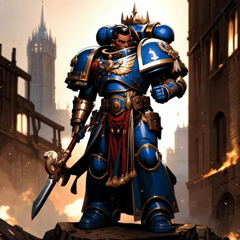 Generate a stunning art style, a true [masterpiece] [best quality] of art. The image showcases [detailed linework], [dynamic shading], and [dramatic lighting], bringing to life a [dreading atmosphere, grim dark coloures, action shot, cinematic composition] . In the background a [gothic landscape,  warhammer 40k] is to be seen in [grand:1.8, high-scale:1.8, panorama:1.8] from [from below]. A ultramarine, solo:1.3 is [full body view, standing] in front of the edge of a tower. It is holding a [polearm,  in its righthand]. It is wearing a [helmet:1.5 , detailed armor, golden armor, weapon details, intricate ornamented, full armor, loin cloth, black hair, long hair, pretty face,  metallic armor].
<lora:ULTRAMARINES MK1 by CCARAXESS:0.6>
