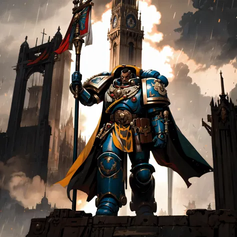 Generate a stunning art style, a true [masterpiece] [best quality] of art. The image showcases [detailed linework], [dynamic shading], and [dramatic lighting], bringing to life a [dreading atmosphere, grim dark coloures, action shot, cinematic composition] . In the background a [gothic landscape,  warhammer 40k] is to be seen in [grand:1.8, high-scale:1.8, panorama:1.8] from [from below]. A tigurius, solo:1.3 is [full body view, standing] in front of the edge of a tower. It is holding a [power_sword  in its righthand]. It is wearing a [helmet Plume ,detailed power armor, captain armor, iron halo, victirix, cape, banner].
<lora:ULTRAMARINES MK1 by CCARAXESS:0.7> <lora:HELLSINGStyle-000080:0.8:lbw=1,0,0,0,0,0,0,0,1,1,1,1,1,1,1,1,1>
