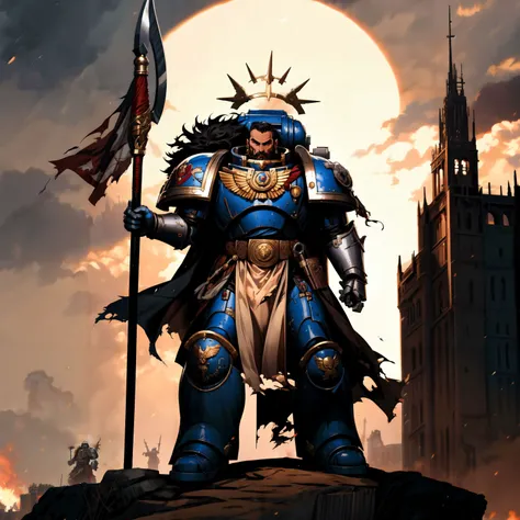 Generate a stunning art style, a true [masterpiece] [best quality] of art. The image showcases [detailed linework], [dynamic shading], and [dramatic lighting], bringing to life a [dreading atmosphere, grim dark coloures, action shot, cinematic composition] . In the background a [gothic landscape,  warhammer 40k] is to be seen in [grand:1.8, high-scale:1.8, panorama:1.8] from [from below]. A primus, solo:1.3 is [full body view, standing] in front of the edge of a tower. It is holding a [polearm,  in its righthand]. It is wearing a [black hair, victirix, intricate armor, gold trimmings, iron halo detailing, tabard, torn cape, gauntlets, black fur, fur trim, plate armor, full armor, panoply].
<lora:ULTRAMARINES MK1 by CCARAXESS:0.7>
