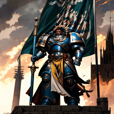 Generate a stunning art style, a true [masterpiece] [best quality] of art. The image showcases [detailed linework], [dynamic shading], and [dramatic lighting], bringing to life a [dreading atmosphere, grim dark coloures, action shot, cinematic composition] . In the background a [gothic landscape, warhammer 40k] is to be seen in [grand:1.8, high-scale:1.8, panorama:1.8] from [from below]. A tigurius, solo:1.3 is [full body view, standing] in front of the edge of a tower. It is holding a [staff, in its righthand]. It is wearing a [mechanical eye, iron halo,mechanical eye, full armor, full metal armor, wearing intricate ornamented metal armor, stern face, facial hair,full metal armor, blue armor, power armor, white pelvic curtain, bronze trimmings, tall stature, muscular, blue pupils, manly, facial scar, banner,].
<lora:ULTRAMARINES MK1 by CCARAXESS:0.7>
