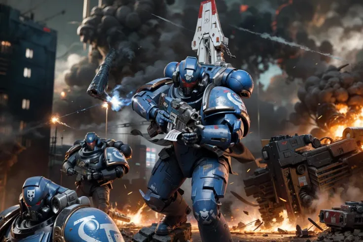 mature adult style, masterpiece, absurdes, action shot, war footage,
(ultramarine:1.3)
sci-fi castles, partial destruction of city,
patroling, aiming gun, holding gattling gun, explosion, dead bodies, death,
wearing detailed power armor, (primaris:1.2), red helmet, multipleboys, army,
(scifi scene:1.35), rain, thunderstorm, dark ambiance, burning buildings, burning aircraft, futuristic aircraft landing in the background,
<lyco:cosmetic - UnlimitedBladeWorks1.6:0.6> <lora:artstyle - LowRA:0.6> <lora:artstyle - hipoly_3dcg_v7-epoch-000012:0.6> <lora:ULTRAMARINES MK1 by CCARAXESS:0.8>