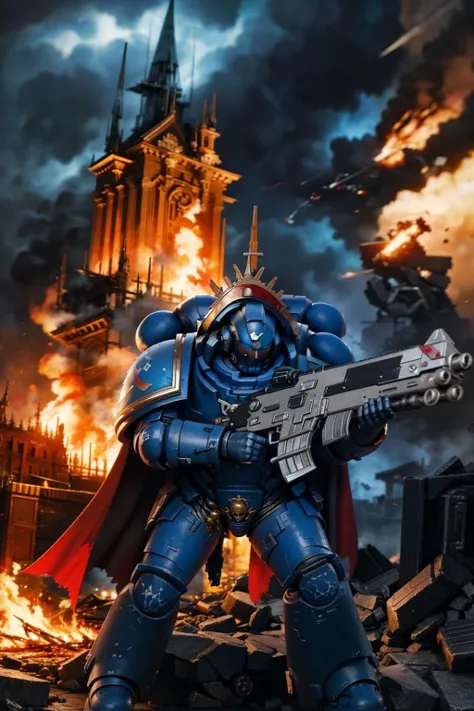 mature adult style, masterpiece, absurdes, action shot, war footage,
(ultramarine:1.3)
sci-fi castles, partial destruction of city, 
patroling, aiming gun, holding gattling gun, explosion, dead bodies, death,
wearing detailed power armor, (captain armor, iron halo, victirix, cape:1.2), red helmet, multipleboys, army, 
(scifi scene:1.35), rain, thunderstorm, dark ambiance, burning buildings, burning aircraft, futuristic aircraft landing in the background,
<lyco:cosmetic - UnlimitedBladeWorks1.6:0.6> <lora:artstyle - LowRA:0.6> <lora:artstyle - hipoly_3dcg_v7-epoch-000012:0.6> <lora:ULTRAMARINES MK1 by CCARAXESS:0.8>