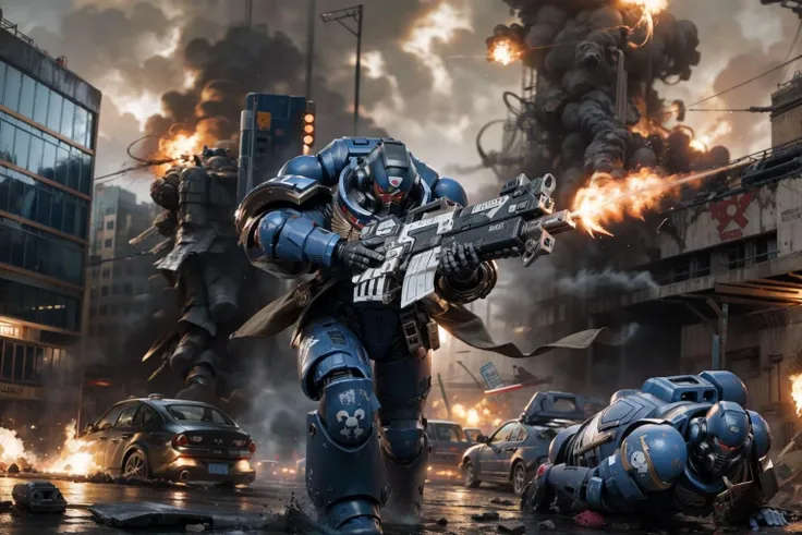mature adult style, masterpiece, absurdes, action shot, war footage,
(ultramarine:1.3)
sci-fi castles, partial destruction of city,
patroling, aiming gun, holding gattling gun, explosion, dead bodies, death,
wearing detailed power armor, (primaris:1.2), red helmet, multipleboys, army,
(scifi scene:1.35), rain, thunderstorm, dark ambiance, burning buildings, burning aircraft, futuristic aircraft landing in the background,
<lyco:cosmetic - UnlimitedBladeWorks1.6:0.6> <lora:artstyle - LowRA:0.6> <lora:artstyle - hipoly_3dcg_v7-epoch-000012:0.6> <lora:ULTRAMARINES MK1 by CCARAXESS:0.8>