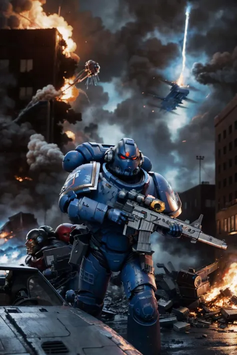 mature adult style, masterpiece, absurdes, action shot, war footage,
(ultramarine:1.3)
sci-fi city-scape, partial destruction of city,
patroling, aiming gun, holding gattling gun, explosion, dead bodies, death,
wearing detailed power armor, (mechanical eye:1.2), red helmet, multipleboys,
(scifi scene:1.3), rain, thunderstorm, dark ambiance, burning buildings, burning aircraft, futuristic aircraft landing in the background,
<lyco:cosmetic - UnlimitedBladeWorks1.6:0.6> <lora:artstyle - LowRA:0.6> <lora:artstyle - hipoly_3dcg_v7-epoch-000012:0.6> <lora:ULTRAMARINES MK1 by CCARAXESS:0.8>