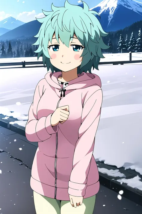 masterpiece, 1girl, nono, green hair, blue eyes, standing, smile, blush, snow jacket, hood, fur trim, snow, mountains, ice, holding ice cube