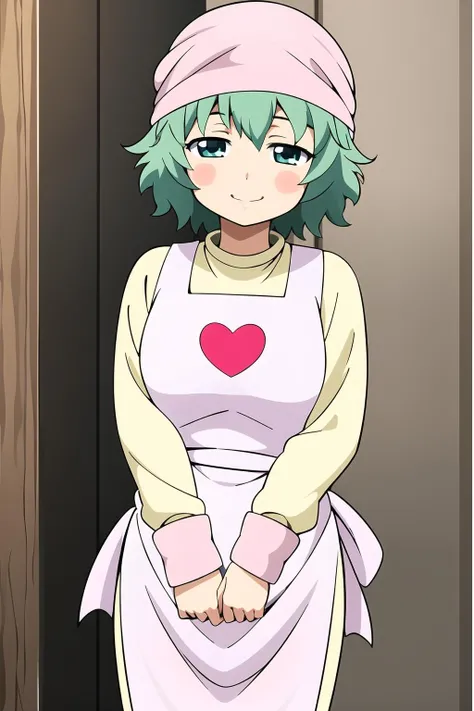 masterpiece, 1girl, nono, green hair, blue eyes, standing, smile, blush, bandana, apron, heart