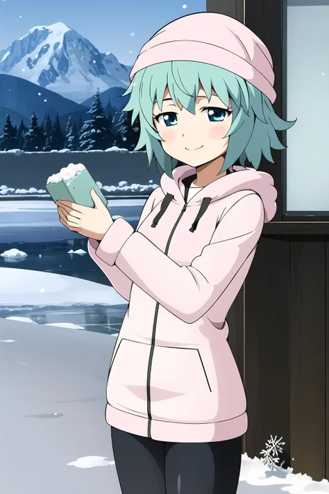 masterpiece, 1girl, nono, green hair, blue eyes, standing, smile, blush, snow jacket, hood, fur trim, snow, mountains, ice, holding ice cube, ice cube, block of ice