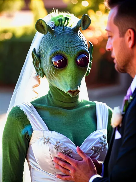 woman,rodian alien in a wedding dress looking at the bride, masterpiece, best quality, soft light, bokeh, real shadow, cinematic, subsurface scuttering<lora:RodianXL:0.8>