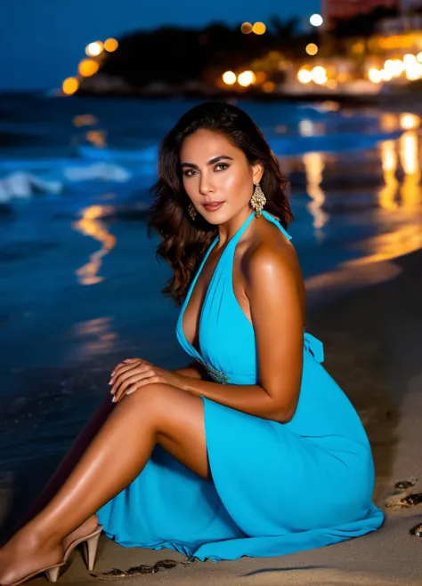 1girl, Sitting on the beach in a long flowing halter neck dress, plunging neckline, depth of field bokeh, (masterpiece) (best quality) (detailed) (8k) (wallpaper) (cinematic lighting) (sharp focus) (intricate), perfect, hyper detailed, amazing background, highly defined details 32k UHD, lifelike photo, dynamic lighting, vivid colors