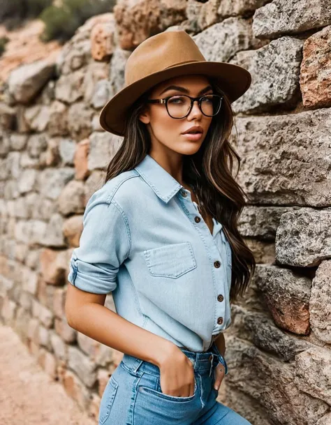 a woman wearing a hat and glasses leaning against a wall, :: madison beer, full shot fashion photography, ð§ ð¸ ð¨, lensflares, jean pants, desert photography, very beautiful girl, chambliss giobbi, photo of wolf, diana levin, of a lovely, open shirt, a new, on the mountain, scholar
 <lora:FashionPhotographyXL:0.8> fp1
 <lora:DCTLORA3:0.25>