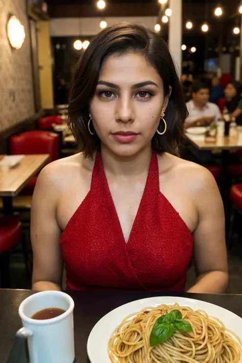 mexican, restaurant, pasta, 1boy, shorthair, food, spaghetti, looking at viewer, pov across table, plate, solo focus, brown hair, mole under mouth, noodles, realistic, sitting, fork, lips, real world location, brown eyes, earrings, jewelry, photo background, cup, chair, RAW candid cinema, 16mm, color graded portra 400 film, remarkable color, ultra realistic, textured skin, remarkable detailed pupils, realistic dull skin noise, visible skin detail, skin fuzz, dry skin, shot with cinematic camera