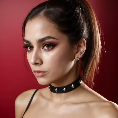 1girl, brown eyes, twintails, collar, looking at viewer, eyelashes, brown hair, makeup, lips, spikes, short hair, choker, closed mouth, simple background, hair ornament, expressionless, portrait, scar, white background, eyeshadow, nose, blurry, RAW candid cinema, 16mm, color graded portra 400 film, remarkable color, ultra realistic, textured skin, remarkable detailed pupils, realistic dull skin noise, visible skin detail, skin fuzz, dry skin, shot with cinematic camera