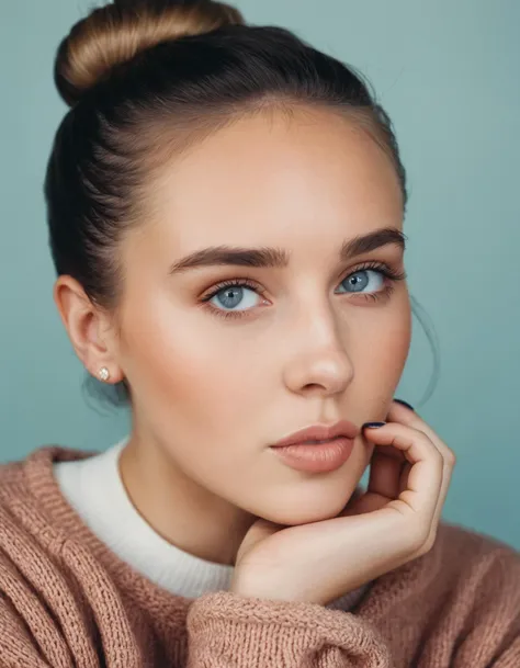 face close-up, peach fuzz, 1girl, blue eyes, realistic, single hair bun, sweater, portrait, hand on own chin, parted lips, grey hair, nail polish, fingernails, sleeves past wrists, RAW candid cinema, 16mm, color graded portra 400 film, remarkable color, ultra realistic, textured skin, remarkable detailed pupils, realistic dull skin noise, visible skin detail, skin fuzz, dry skin, shot with cinematic camera