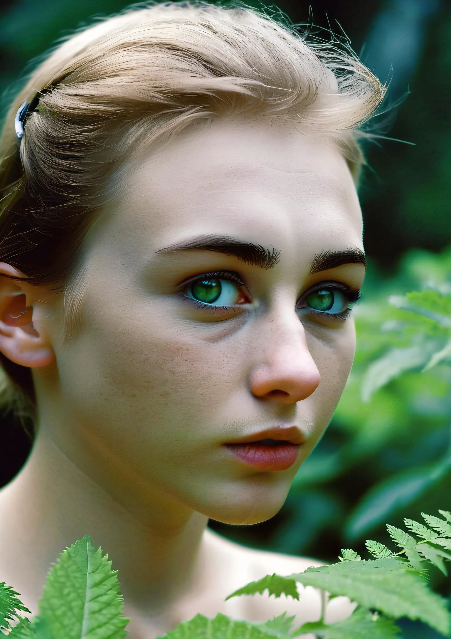 in the forest, 1girl, ((medium body shot)), green eyes, realistic, leaning forward, RAW candid cinema, 16mm, color graded portra 400 film, remarkable color, ultra realistic, textured skin, remarkable detailed pupils, realistic dull skin noise, visible skin detail, shot with cinematic camera