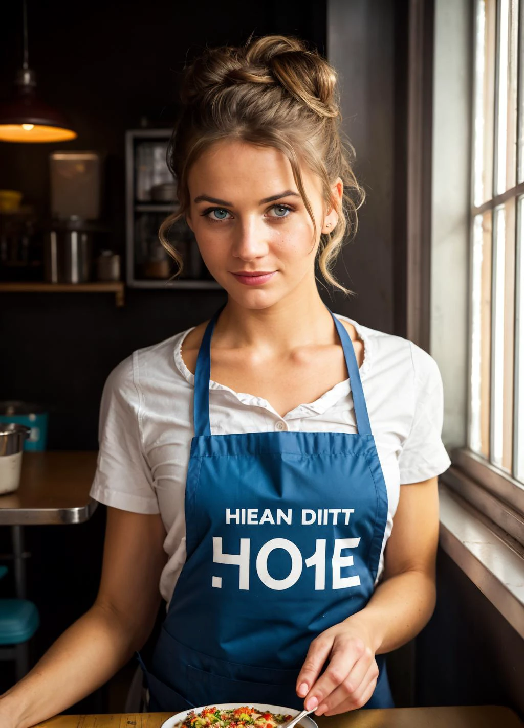 1girl, waitress serving food in a small diner, loose shirt, apron, beautiful expressive eyes, detailed eyes, hair in a messy bun, happy, dynamic lighting, photorealistic, 8k uhd natural lighting, raw, rich, intricate details, key visual, atmospheric lighting, 35mm photograph, bokeh, professional, 4k, highly detailed