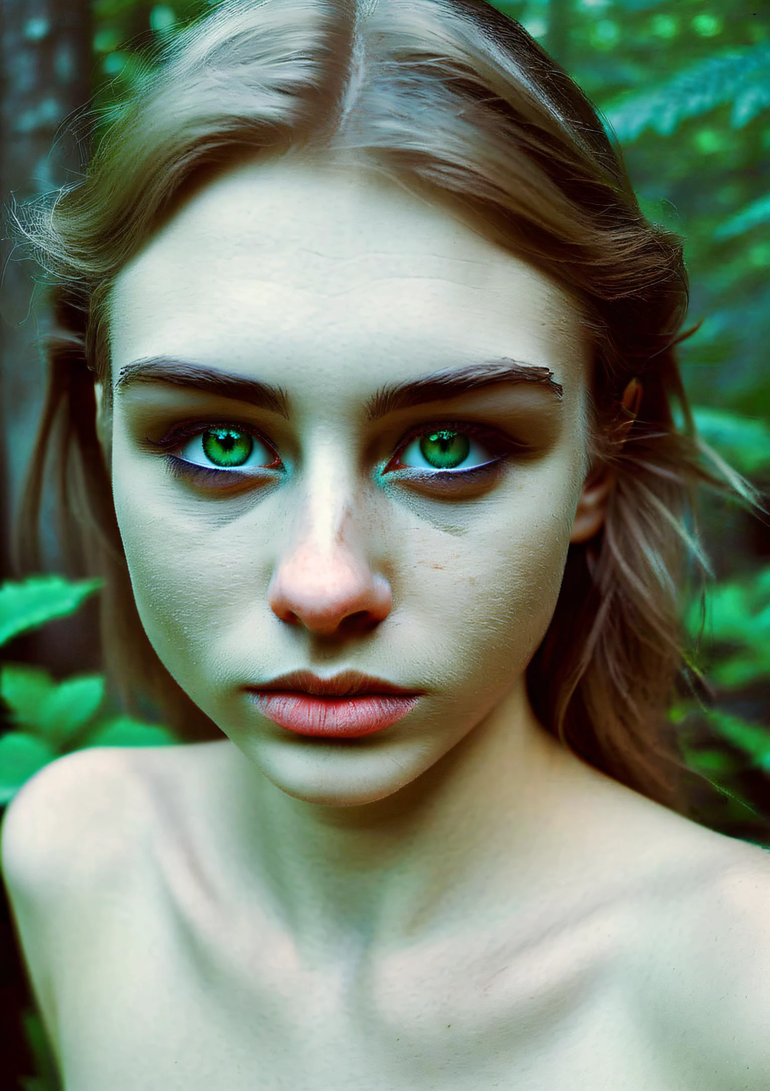 in the forest, 1girl, ((medium body shot)), green eyes, realistic, leaning forward, RAW candid cinema, 16mm, color graded portra 400 film, remarkable color, ultra realistic, textured skin, remarkable detailed pupils, realistic dull skin noise, visible skin detail, shot with cinematic camera