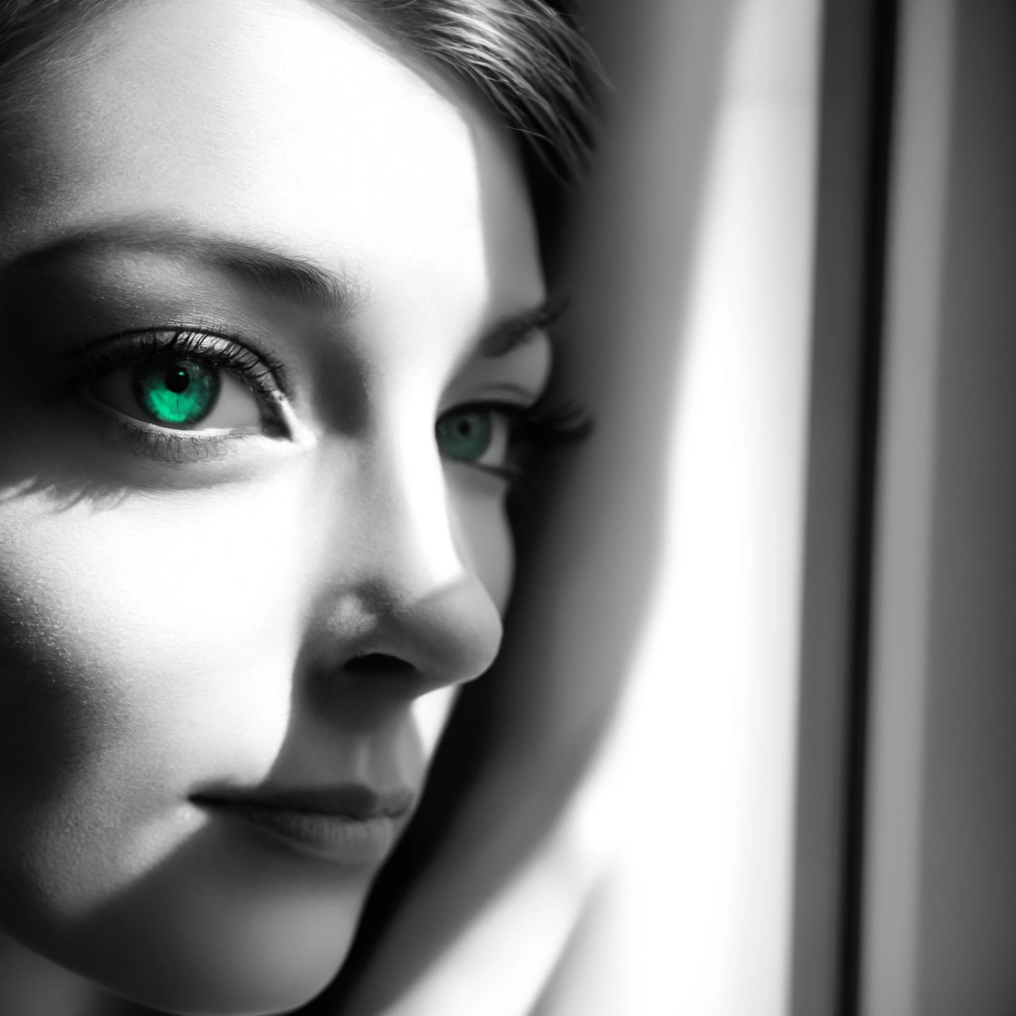 (green eyes:1.2), woman looking through a window, morning light, shadows, photo, multiple monochrome, masterpiece, high quality, close-up, face focus,, volumetric lighting, depth of field, cinematic