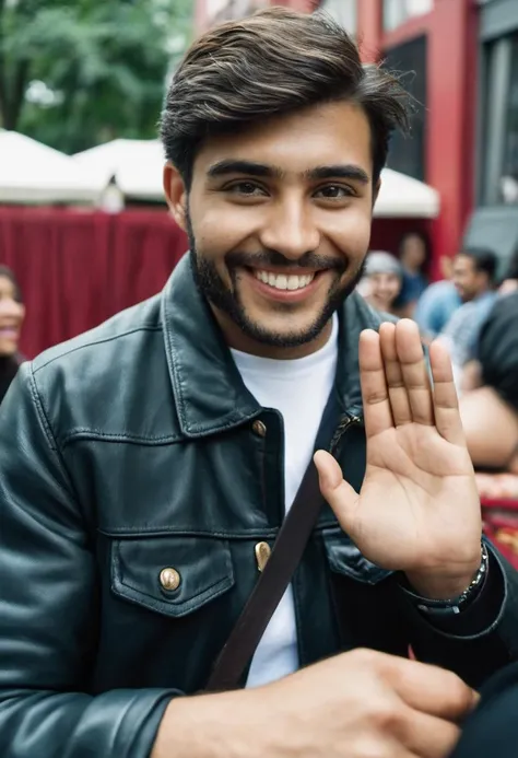 hand wave, 1boy, male focus, smile, realistic, facial hair, grin, real life insert, waving, teeth, looking at viewer, brown hair, white shirt, beard, blurry, animification, hand up, breast pocket, upper body, black eyes, jacket, RAW candid cinema, 16mm, color graded portra 400 film, remarkable color, ultra realistic, textured skin, remarkable detailed pupils, realistic dull skin noise, visible skin detail, skin fuzz, dry skin, shot with cinematic camera