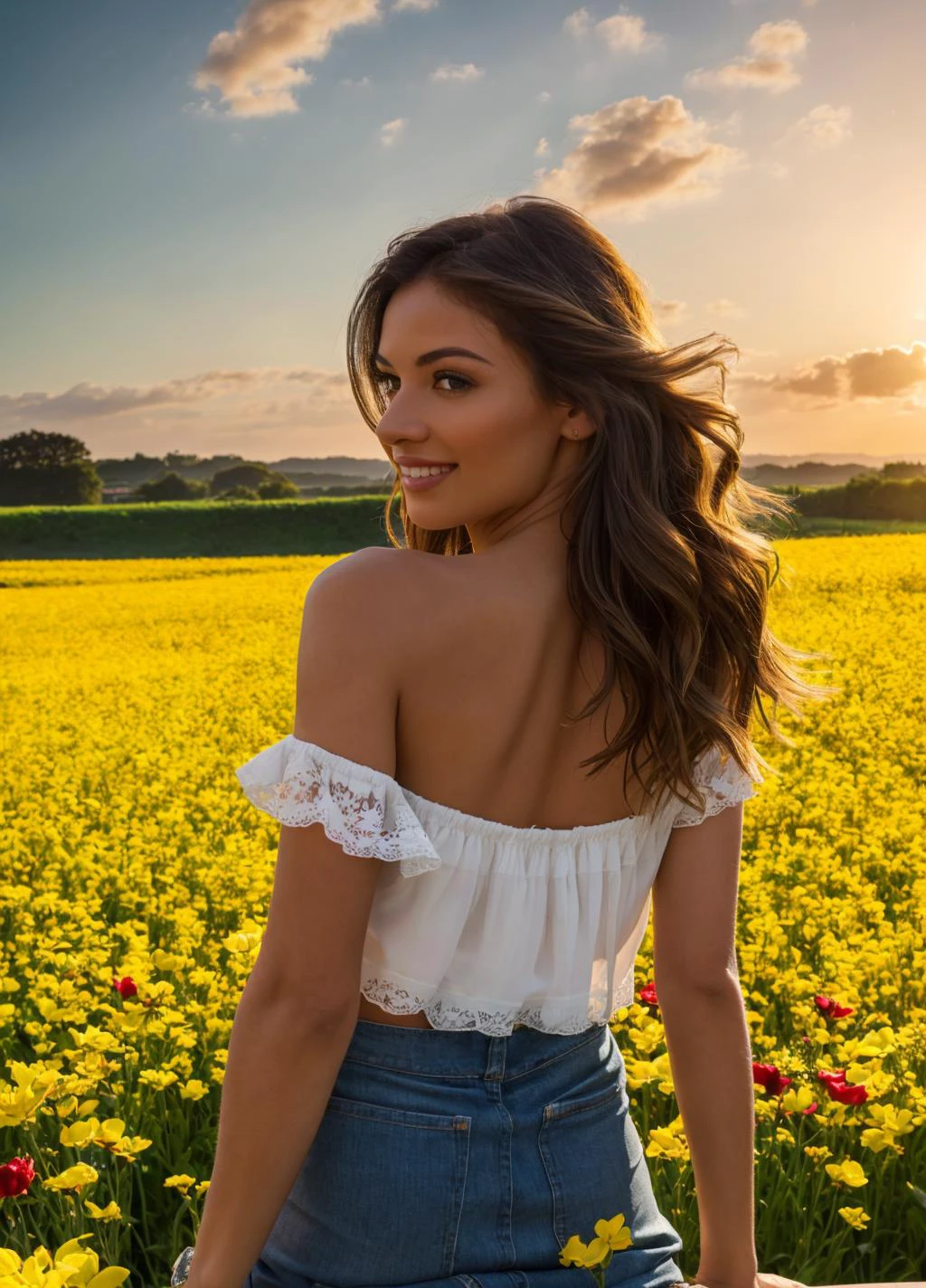 1girl, (32K resolution, masterpiece, ultra high quality, best quality, ultra high definition, perfect anatomy, Incredibly detailed, RAW, ultra super realistic, photorealistic, cinematic lighting, exquisitely detailed, extremely intricate, 8k UHD, high resolution), (1girl), cropped off-shoulder tank top, skirt, elegant hair, standing in the middle of a flower field, seductive smile, dynamic vivid colors