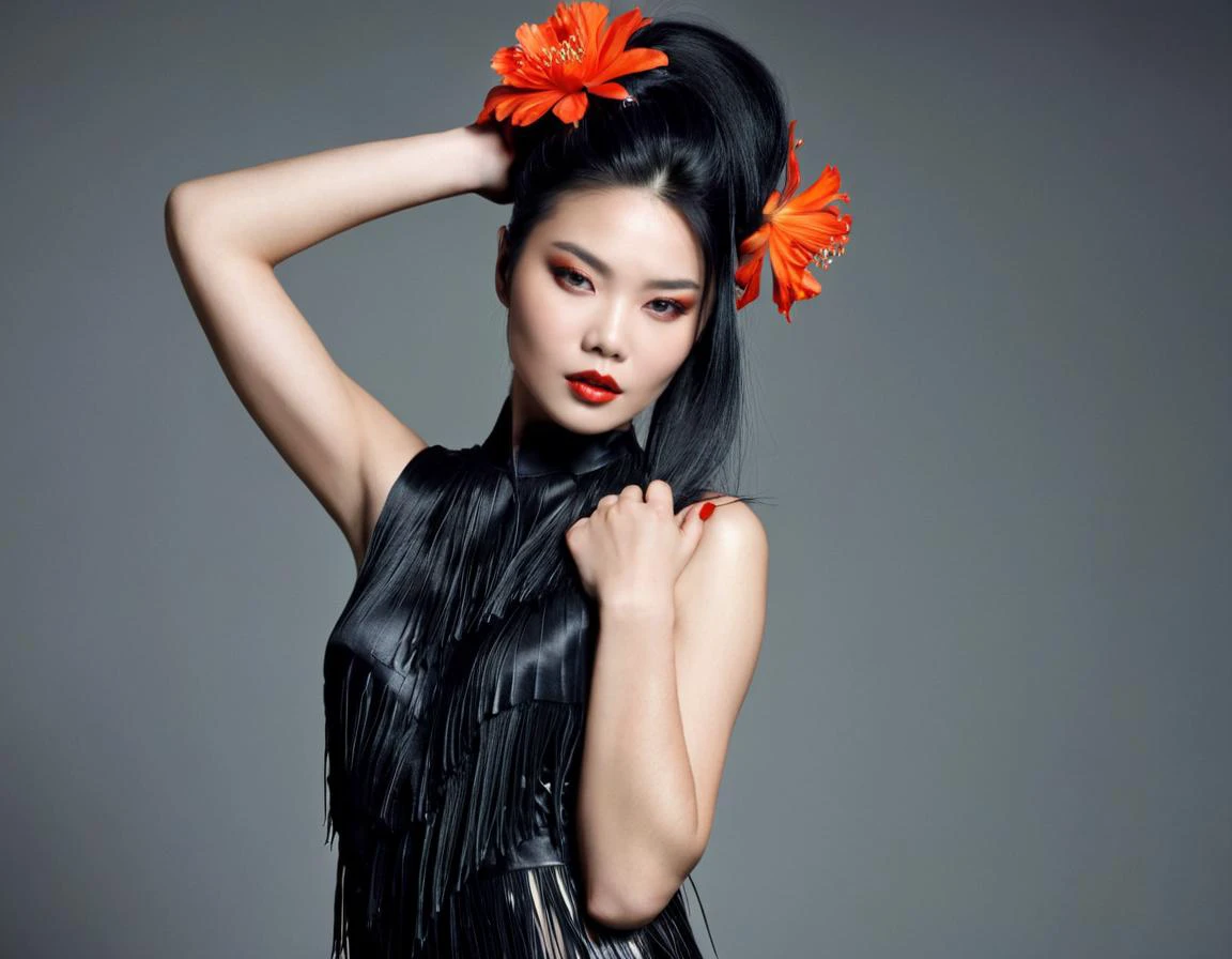 arafed woman in a red dress with a red flower in her hair, jingna zhang, black nails, dark grey and orange colours, side fringe haircut, high fashion themed, symmetrical hands, slicked black hair, skye meaker, laquer and steel, with a dark fringe, high end fashion, james mcdermott, portrait featured on unsplash, warwick saint
<lora:FashionPhotographyXL:0.8> fp1