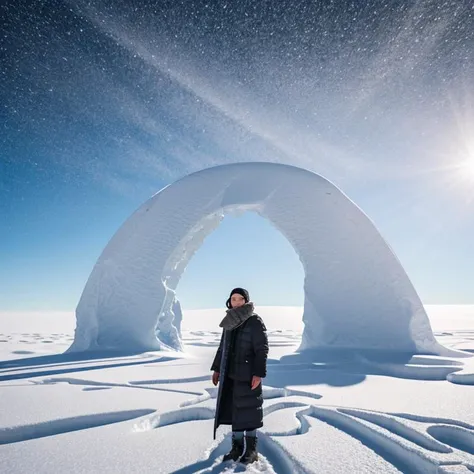 1girl, landscape, dynamic background, 8k, UHD, hyperreal_detailed, hyerrealistic, raw photo, out of focus, Woman discovers ancient architecture in cold Antarctica, Snow-covered fields, delicate details of architecture, and futuristic design, focused composition of architecture. abstract background, abstract light
