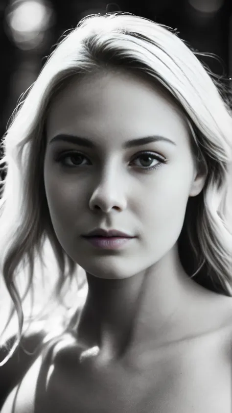 b&w, instagram photo, portrait photo of 26 y.o blonde woman, perfect detailed eyes, natural skin, hard shadows, film grain
