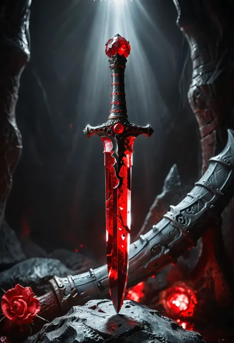 Shardblade, ruby encrusted hilt, (translucent, glowing), (selective color:1.2), (red:1.2), particle effects, [abstract], volumetric lighting, <lora:aesthetic:4>, <lora:great_lighting:4>, <lora:MJ52:0.5>, <lora:RMSDXL_Enhance:3>, <lora:RMSDXL_Photo:2>, <lora:xl_more_art-full_v1:0.5>