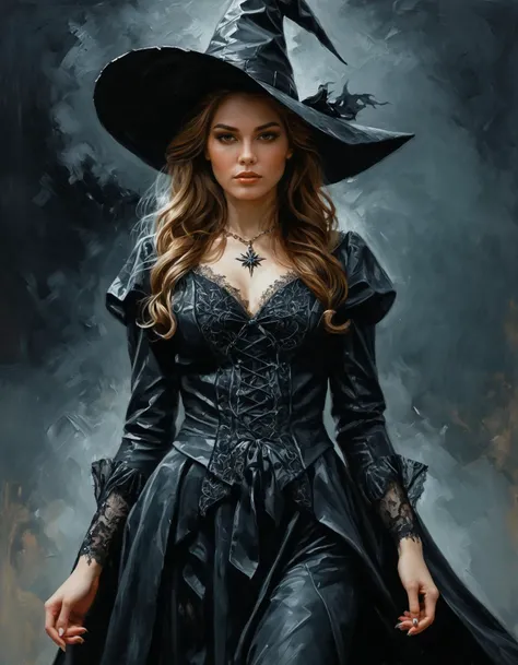 oil painting of young witch woman, perfect face, high detailed provoking clothes, dramatic, extremely detailed, intricate, elegant