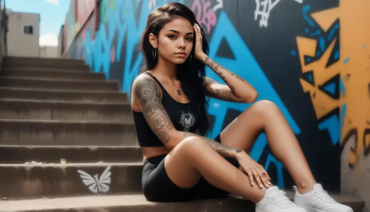 3d, cgi, arafed woman with tattoos sitting on steps in front of graffiti wall, style of aenami alena, hot petite, mixed race woman, round jawline, hands in her hair. side-view, 20yo, circular tattoo, dreamy gothic girl, young wan angel, cam de leon, incredibly beautiful, croptop, mayan, (sunlight:1.2), hard light, sharp