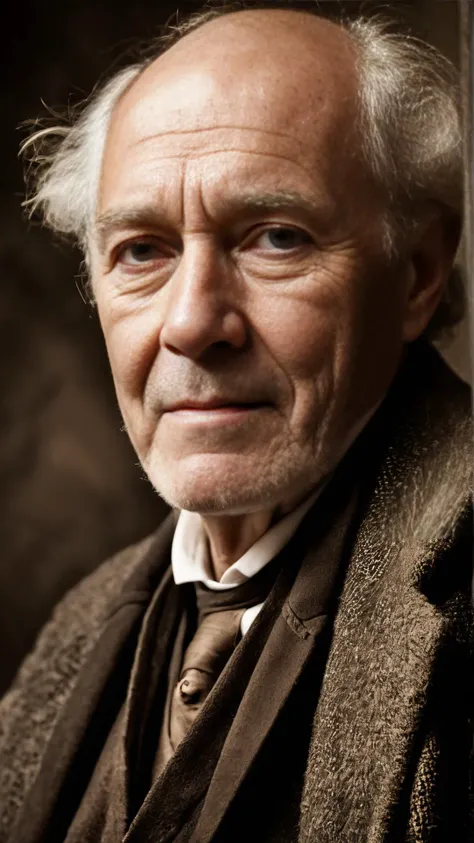 photorealistic, visionary portrait of a dignified older man with weather-worn features, digitally enhanced, high contrast, chiaroscuro lighting technique, intimate, close-up, detailed, steady gaze, rendered in sepia tones, evoking rembrandt, timeless, expressive, highly detailed, sharp focus, high resolution