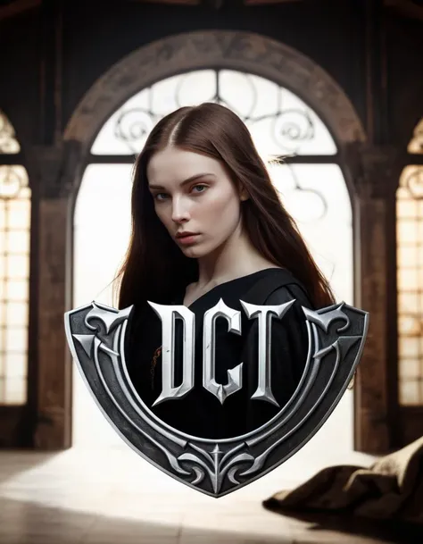 sharp professional photo of an elegant ((woman with logo "dct":1.2) :1.2) in a Viking setting, use of light and shadow, Gothic illustration, rich symbolism and allegory, Bauhaus, exploration of texture and color, stylized by john william waterhouse, charlie bowater, agnes cecile, Mucha and Gabriel Ferrier, badge, cinematic atmosphere, magical, dynamic dramatic composition, cinematic light, ambient illumination