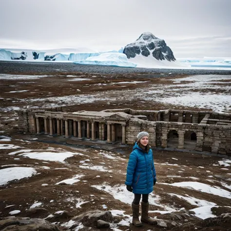 1girl, landscape, dynamic background, 8k, UHD, hyperreal_detailed, hyerrealistic, raw photo, out of focus, Woman discovers ancient architecture in cold Antarctica
