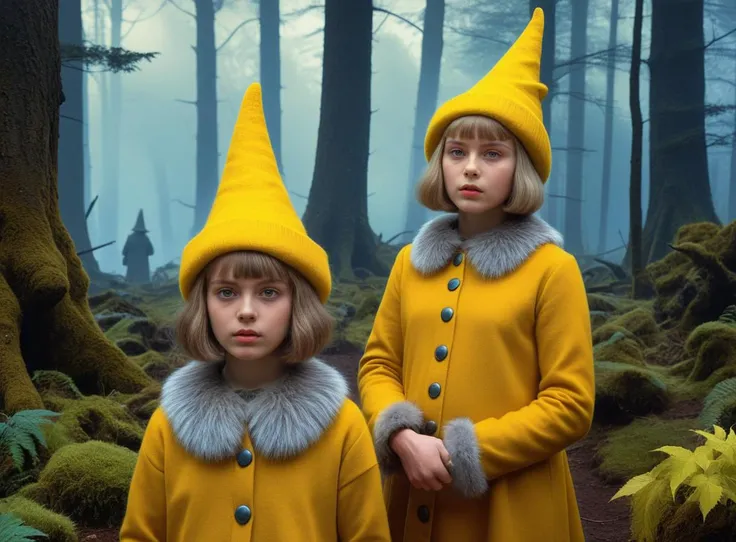 art by John Avon and Bob Byerley, photograph, Fantasy landscapes, Magic: The Gathering illustrations, otherworldly environments, surreal atmospheres, vibrant colors, Flemish (several identical twins with different haircuts:1.3) , wearing Fur and Knit sisters are wearing different clothing pieces and colours, Yellow Wizard Hat, Smoky Conditions, narrative realism, nostalgic scenes of childhood, whimsical storytelling, detailed realism, colorful, RAW photo, beautiful detailed, illustrious quality, glossy, perfect composition, badge<lora:detailtweaker-xl:1.0>