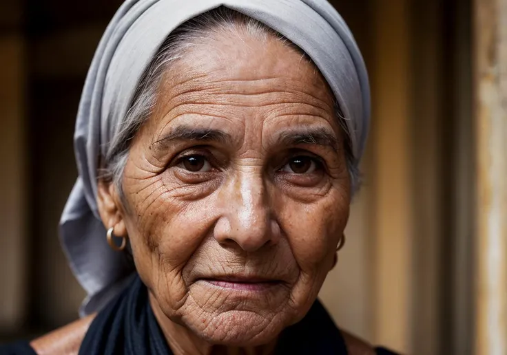 Documentary photo, raw, realistic, face portrait of a woman, 70 years old, peach fuzz, shadow over her face, wearing a hair scarf, brown eyes, aging skin marks, authentic, soulful, photo by Sebastiao Salgado, Steve Mccurry