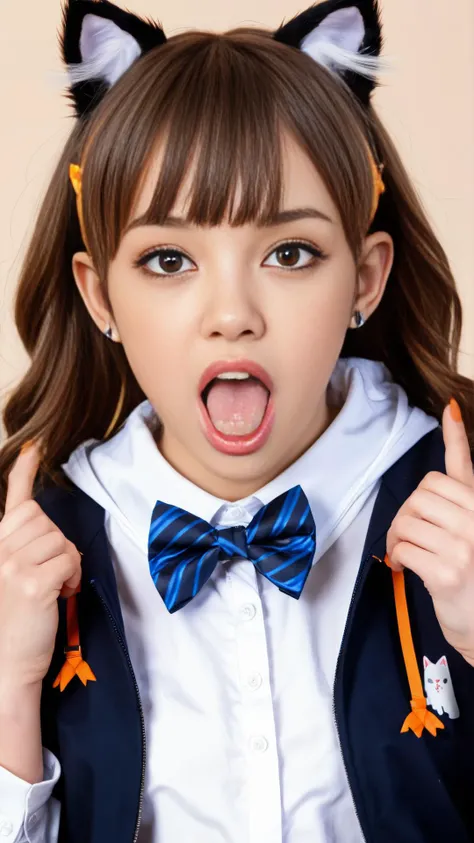masterpiece, best quality,
1girl, solo, animal ears, bow, teeth, jacket, tail, open mouth, brown hair, orange background, bowtie, orange nails, simple background, cat ears, orange eyes, blue bow, animal ear fluff, cat tail, looking at viewer, upper body, shirt, school uniform, hood, striped bow, striped, white shirt, black jacket, blue bowtie, fingernails, long sleeves, cat girl, bangs, catch, collared shirt, striped bowtie, short hair, tongue, hoodie, sharp teeth, facial mark, claw pose